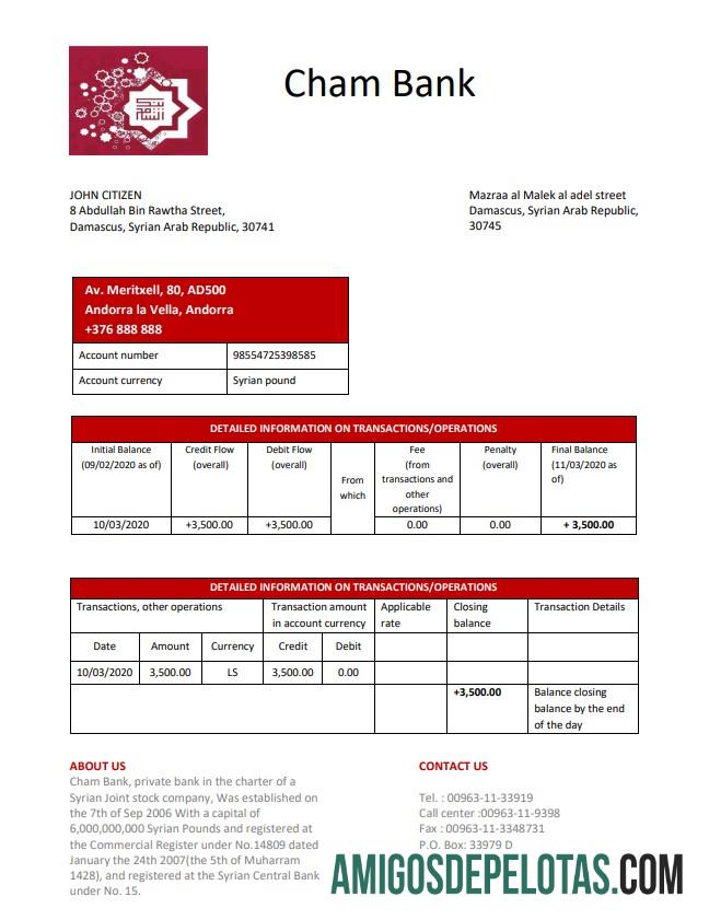 Modelo de comprovante de endereço do Syria Cham Bank para download em formato Word e PDF, formato .doc e .pdf